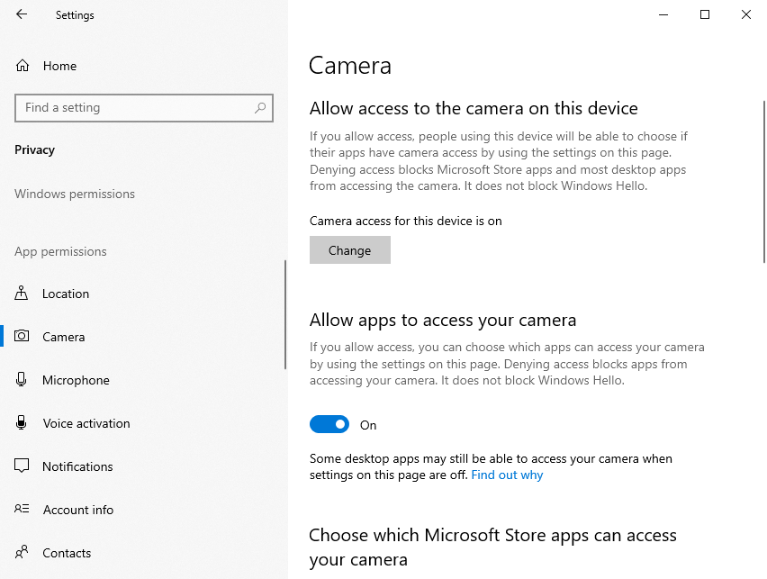 check if the Camera access is enabled