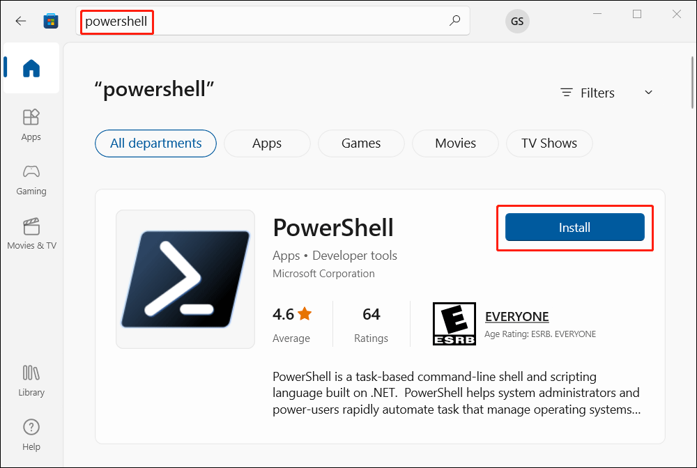 download and install PowerShell from Microsoft Store
