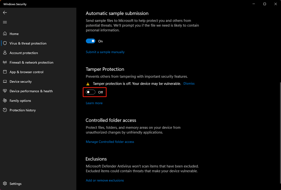 turn off Tamper Protection on Windows 11