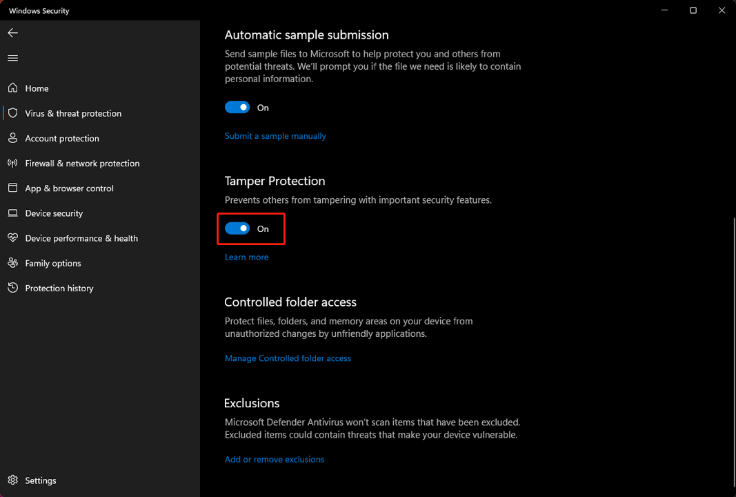 turn on Tamper Protection on Windows 11