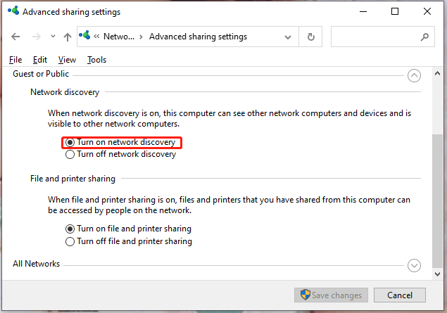 check Turn on network discovery