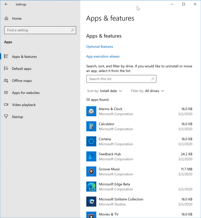 find and view installed apps in Settings Windows 10