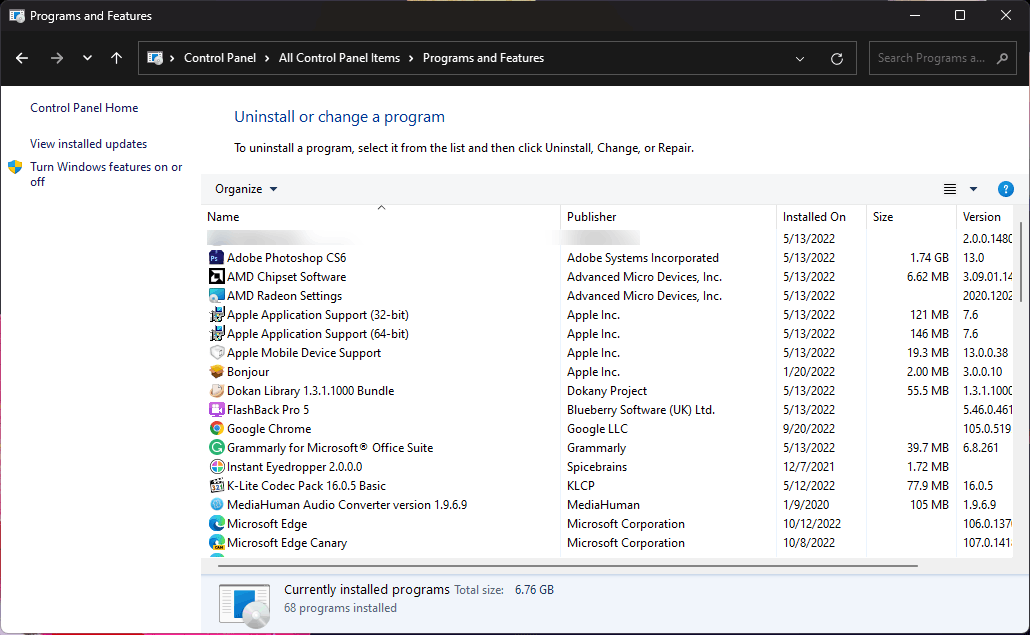 view installed apps in Control Panel