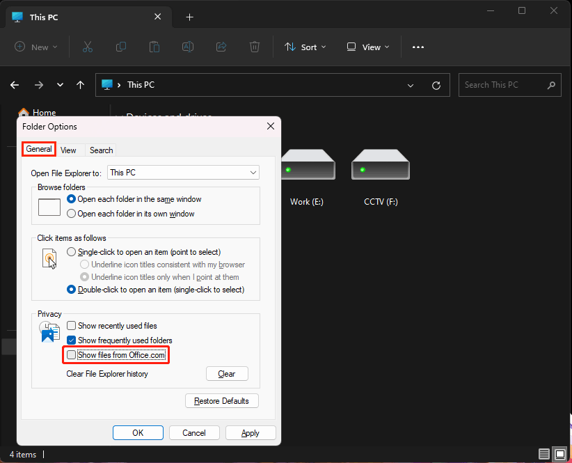 uncheck Show files from Office.com