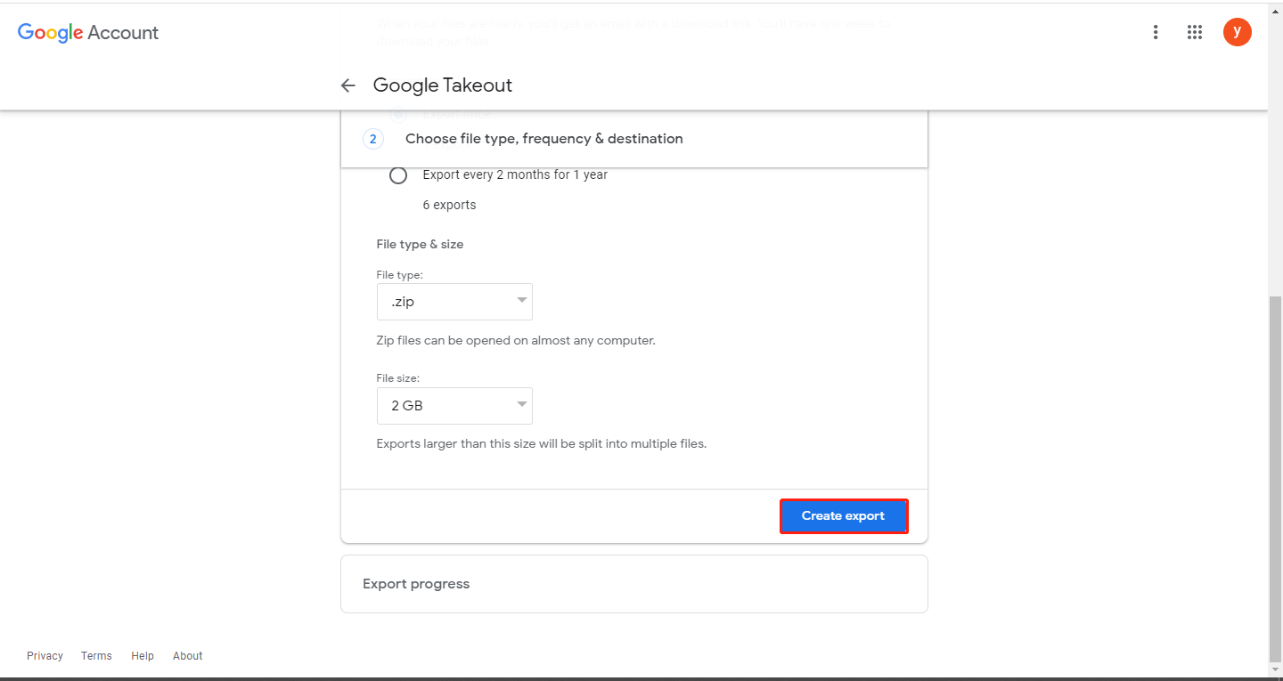 click on Create export