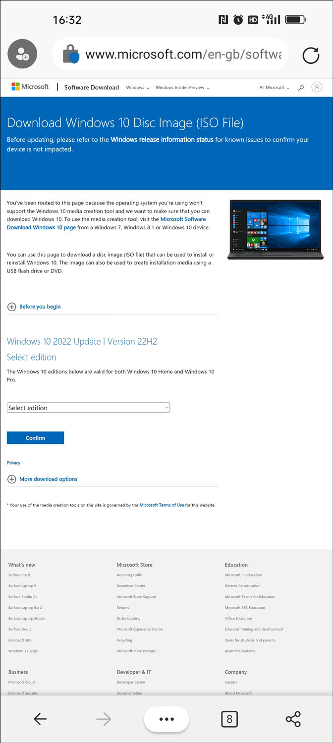 the Windows 10 ISO download page on an Android phone