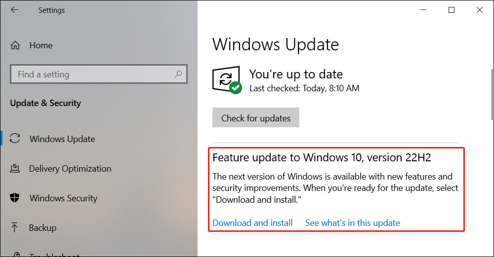 install Windows 10 22H2 in Windows Update