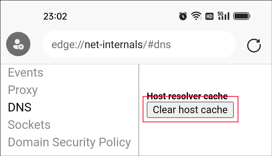 clear host cache in edge on mobile 