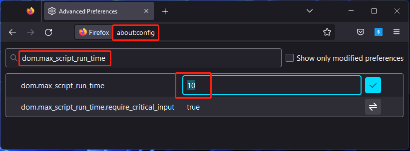 adjust dom.max_script_run_time Setting in Firefox