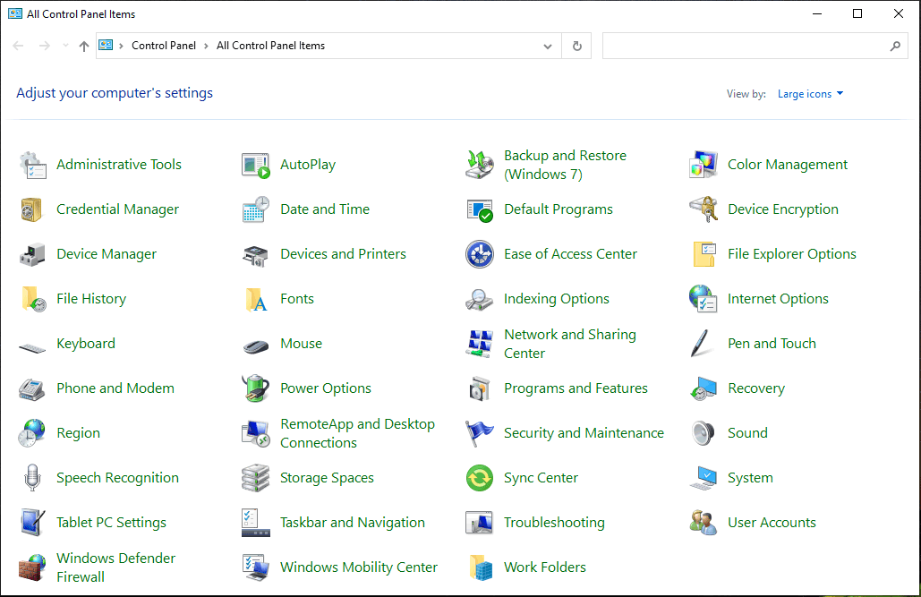 Control Panel on Windows 10