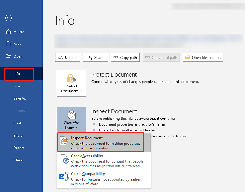 select Inspect Document