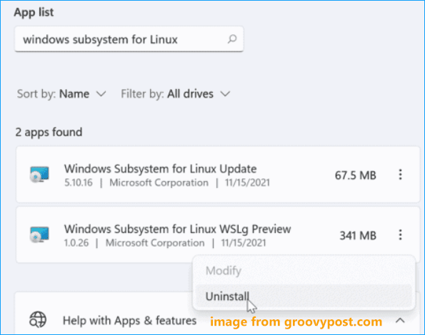 uninstall Windows Subsystem for Linux components