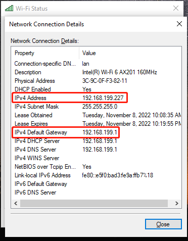 Wi-Fi network connection details