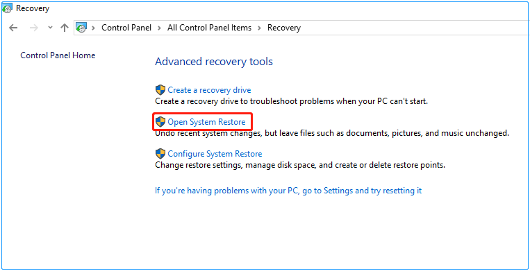 select the correct option to do a system restore