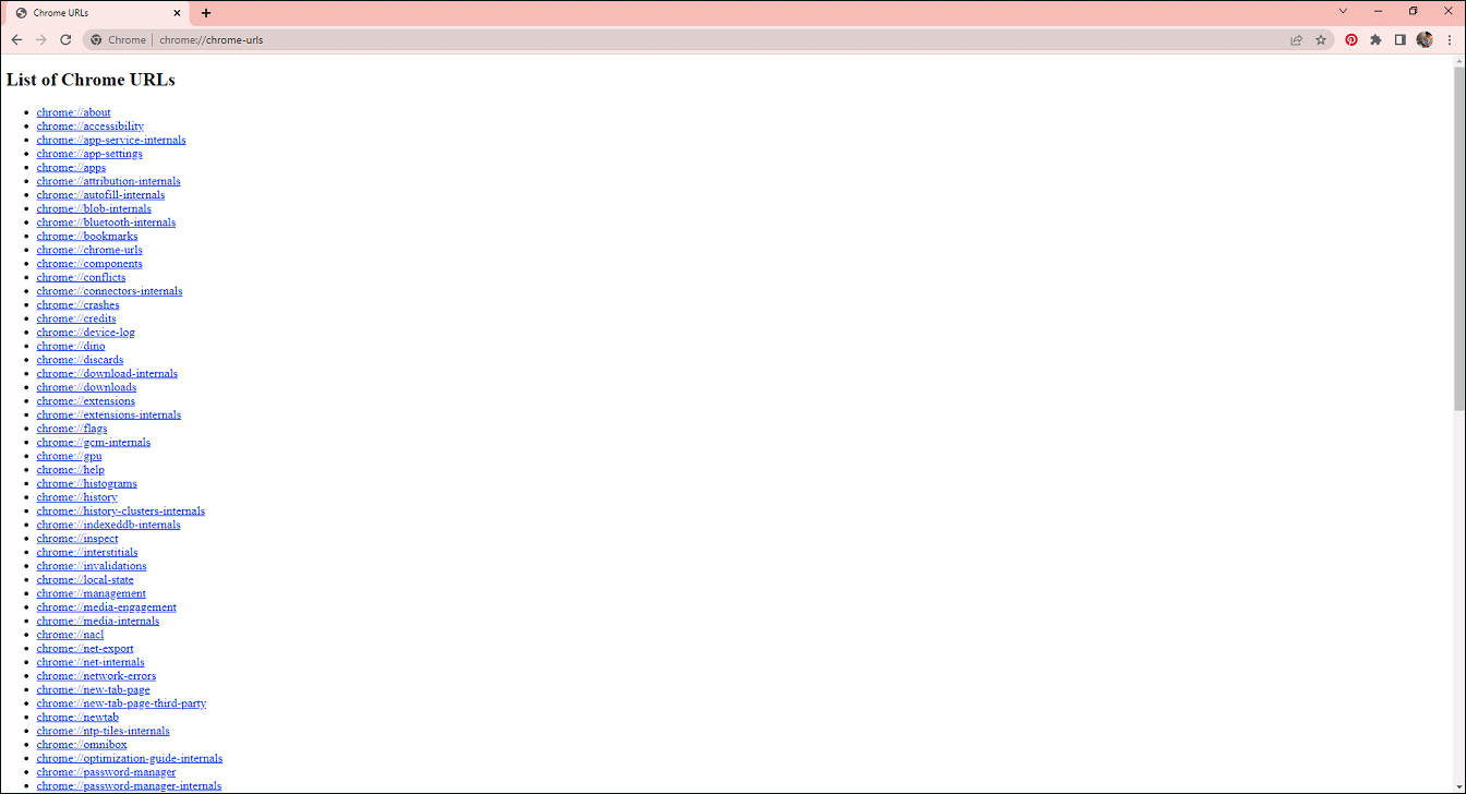 the list of Chrome URLs