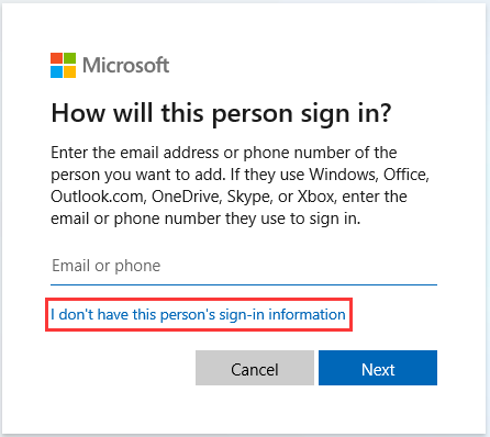 select the I don’t have this person’s sign-in information option
