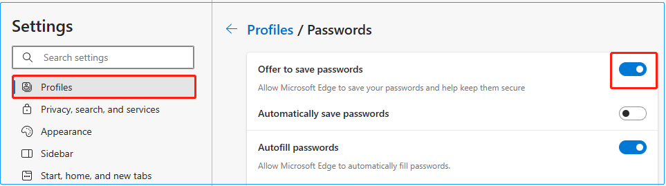 turn on the setting to save passwords