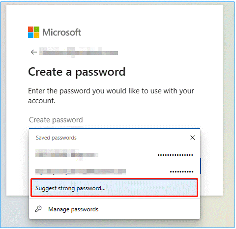 select the button to use the suggested strong password