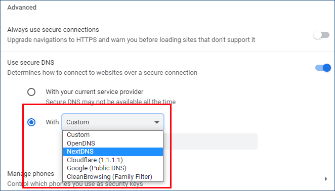 change DNS server in Chrome on a computer
