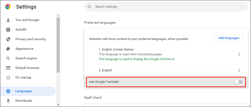 turn off or on Use Google Translate