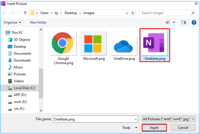 choose a picture to insert in OneNote