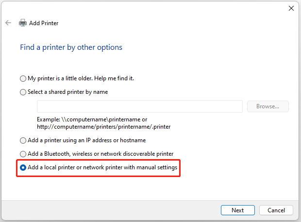 choose Add a local printer or network printer with the manual settings