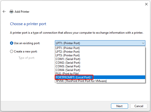 choose PORTPROMPT: (Local Port)