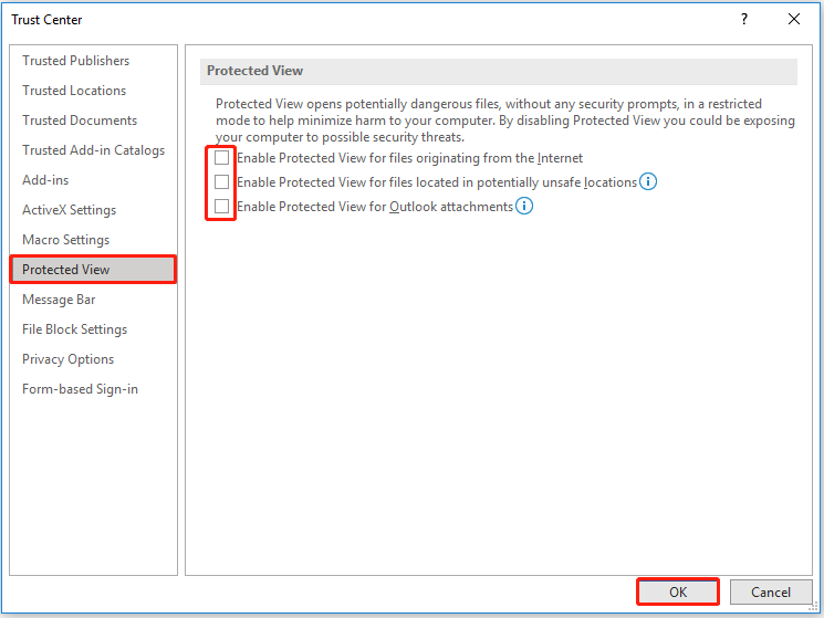 uncheck the three options of Protected View