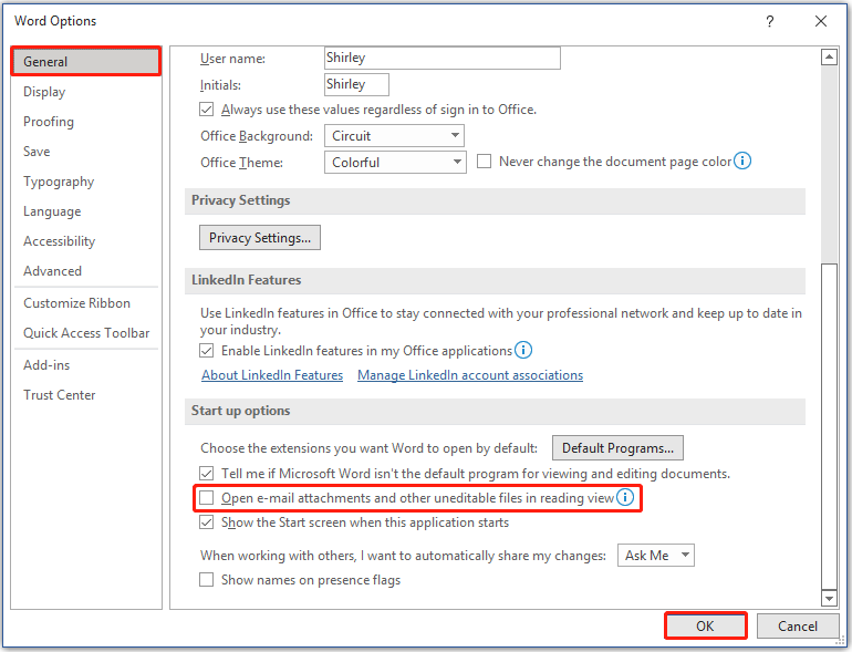 uncheck Open e-mail attachments and other uneditable files in reading view