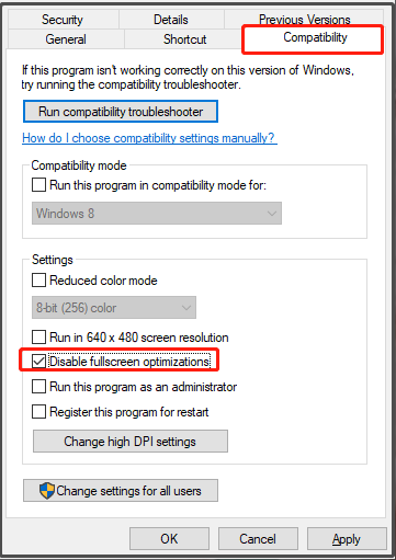 check Disable fullscreen optimizations