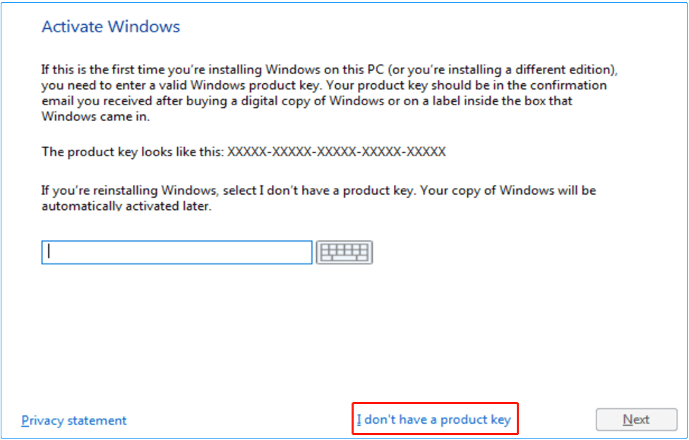 select the button to skip Windows product key