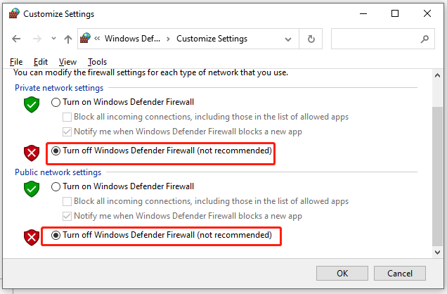 turn off Windows Defender Firewall