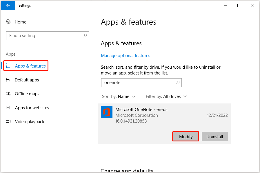 select the button to modify OneNote