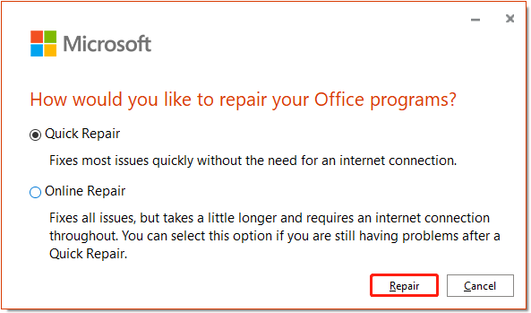 click the button to start repairing OneNote