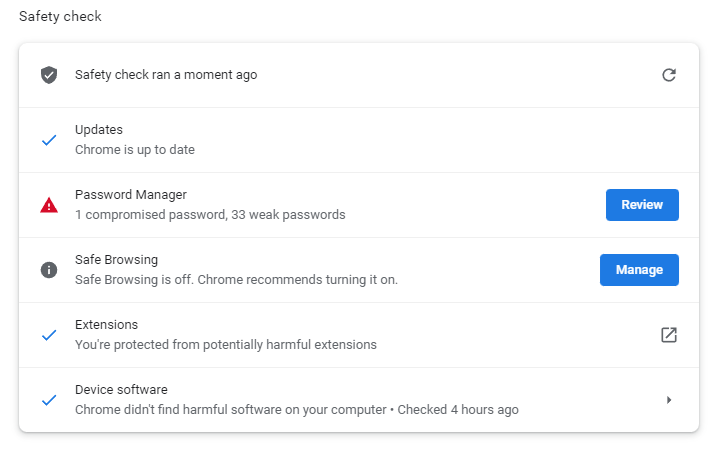 the checking items and results