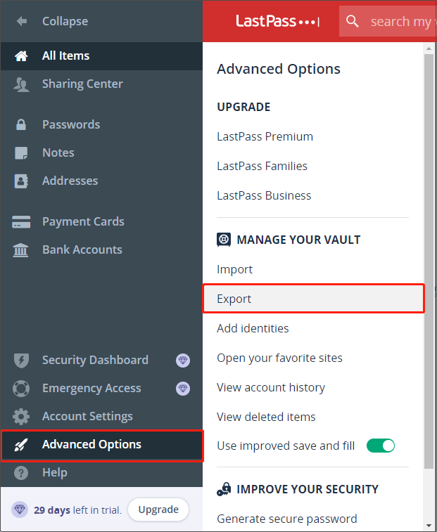 select the button to export the LastPass vault