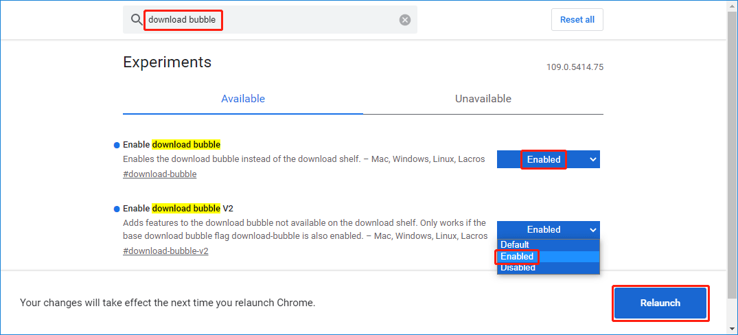 enable download bubble via Chrome flags