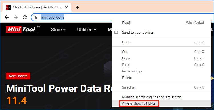 select Always show full URLs