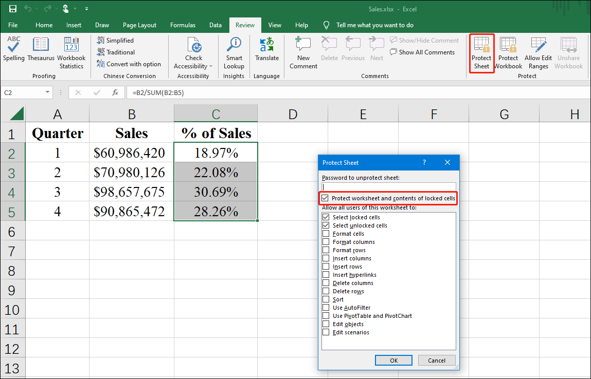 select Protect worksheet and contents of locked cells check