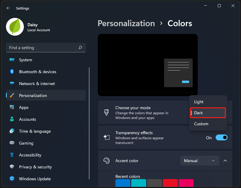 choose Dark next to Choose your mode