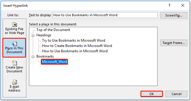select a bookmarked place for the link