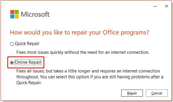 select the Online Repair option