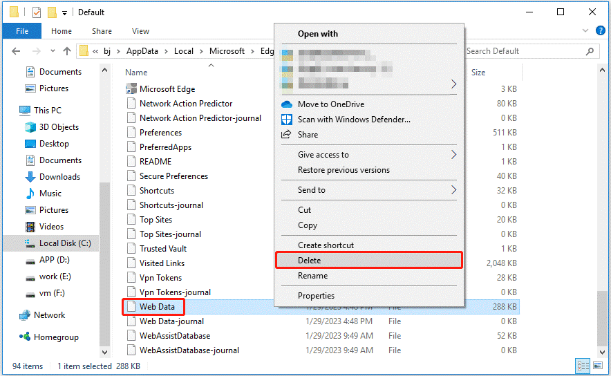 select to delete Edge web data