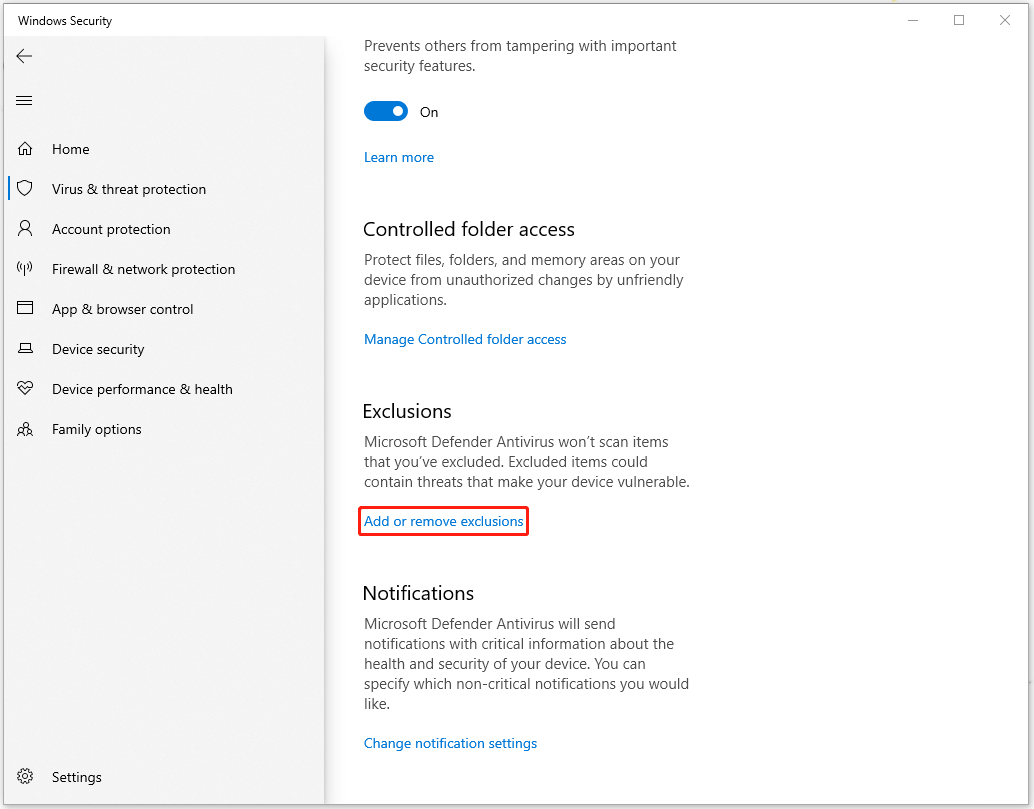 choose Add or remove exclusions