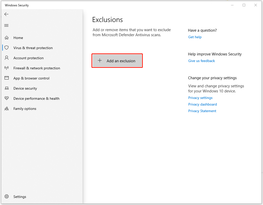 click Add an exclusion