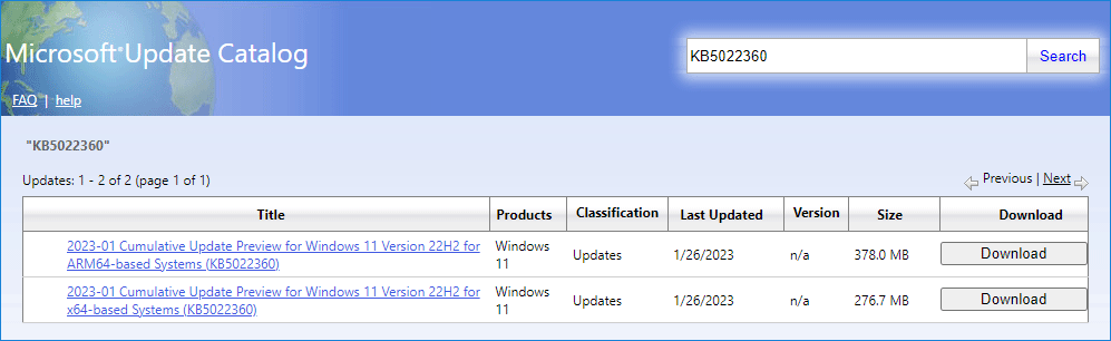 download an offline installer for Windows 11 KB5022360 from Microsoft Update Catalog