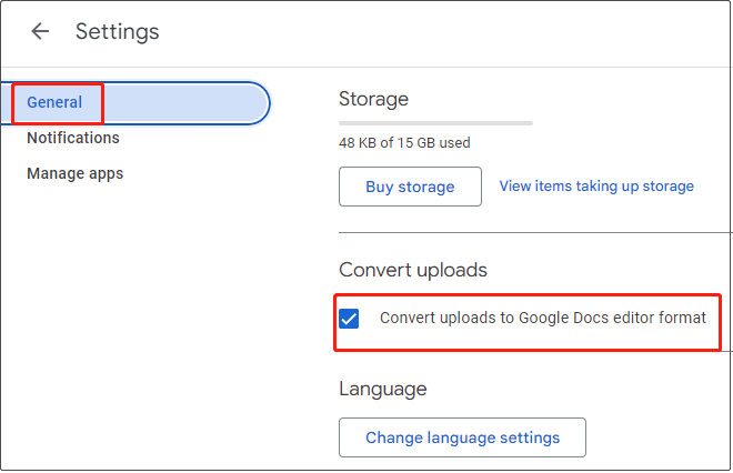 check Convert uploads to Google Docs editor format