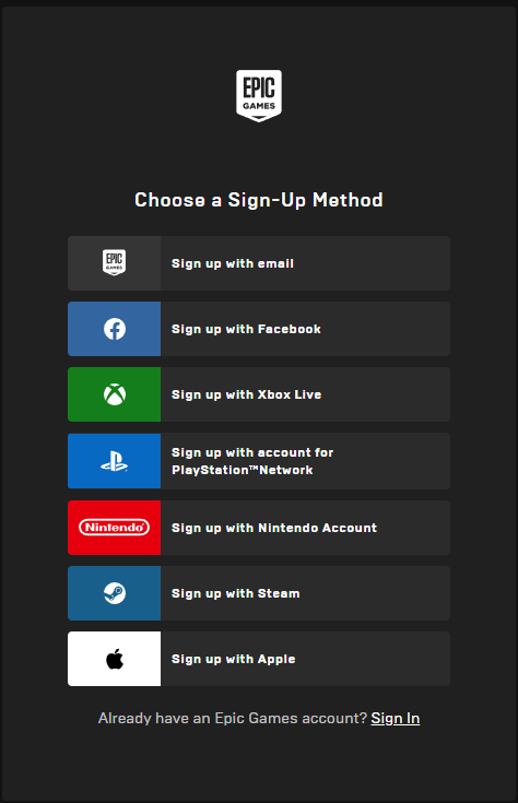 choose a method to sign up Epic