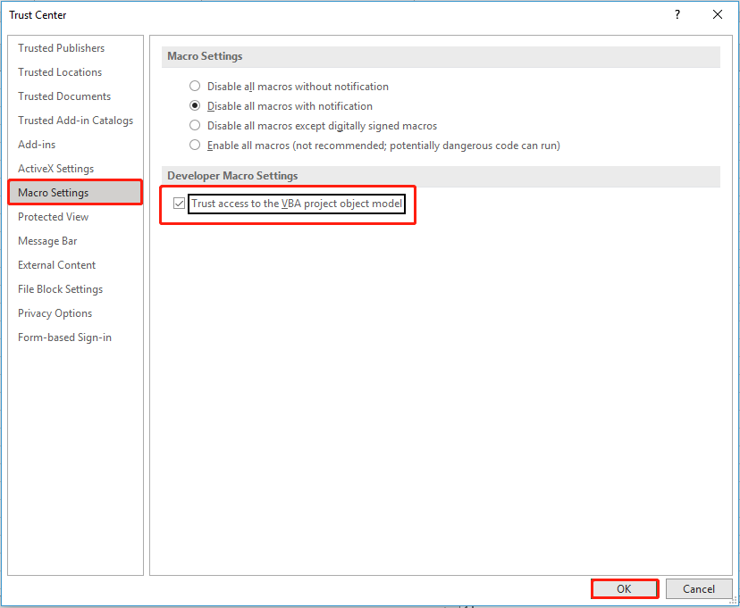 check Trust access to the VBA project object model