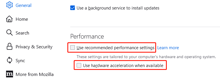 uncheck the Use hardware acceleration when available box